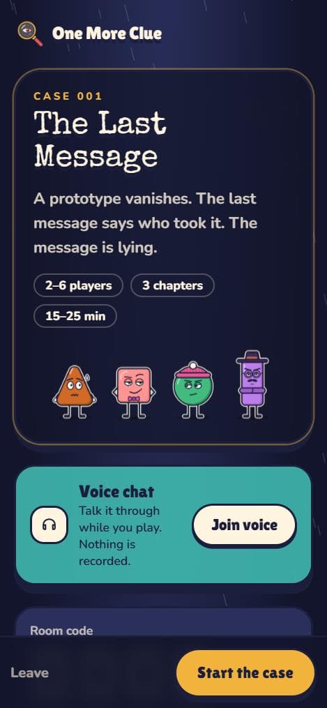 The game lobby: Case 001, voice chat and the room code to share