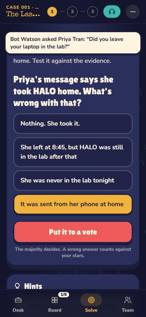 Solving: the group votes on what's wrong with the last message